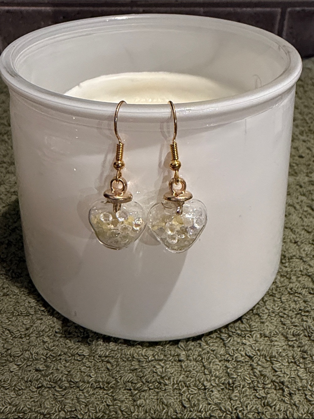 Gold Heart Glass Drop Earrings with Clear and Yellow Crystal Beads